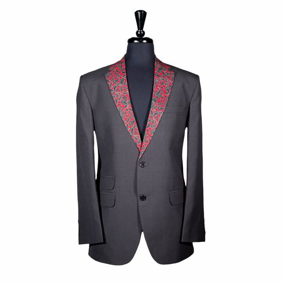 Mens Blazer Gray Red Paisley Wool Formal Slim Suit Jacket Wedding Sport Coat 40R